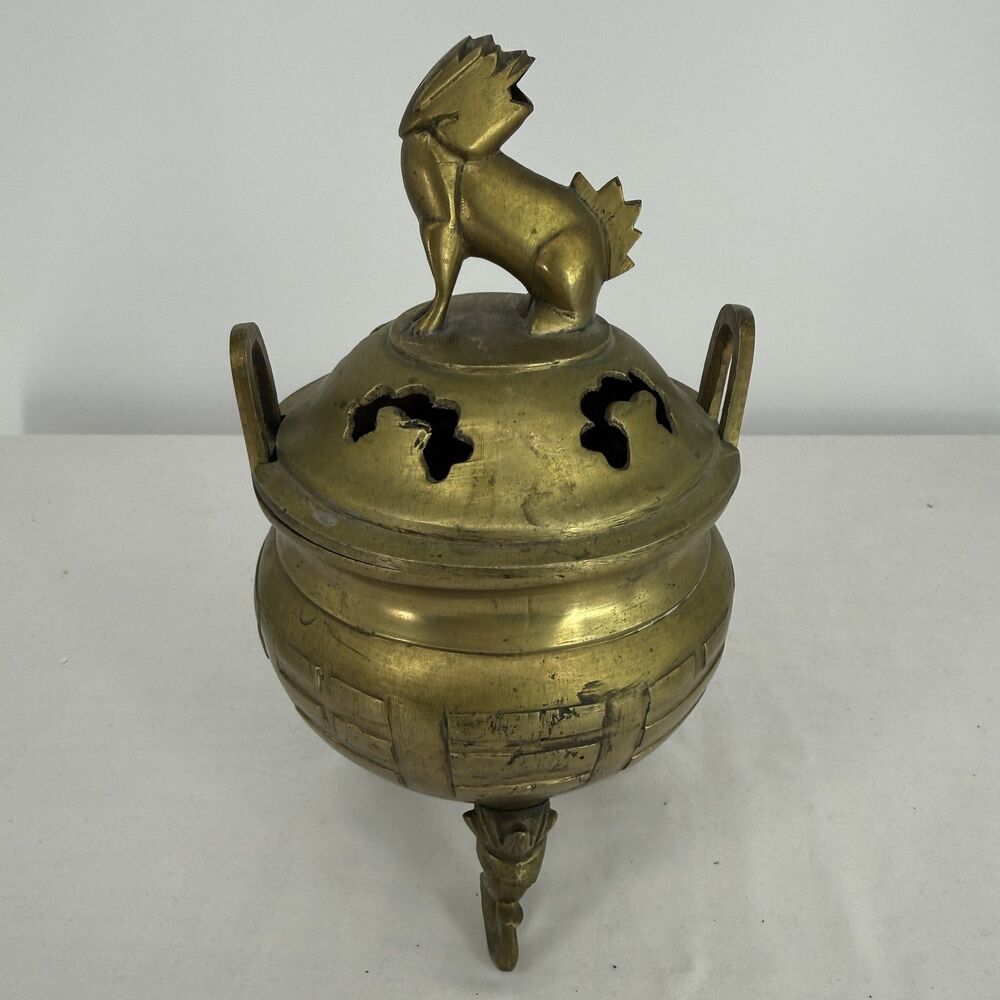 Antique Chinese Brass Incense Burner Censer Foo Dog Lion Lid Tripod Vintage 9.5"